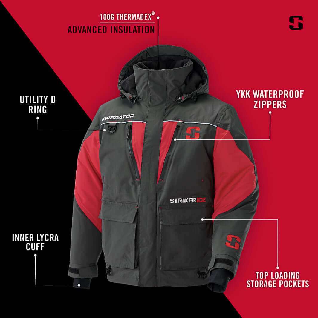 Striker Predator Ice Fishing Jacket Charcoal Red Ice Suits